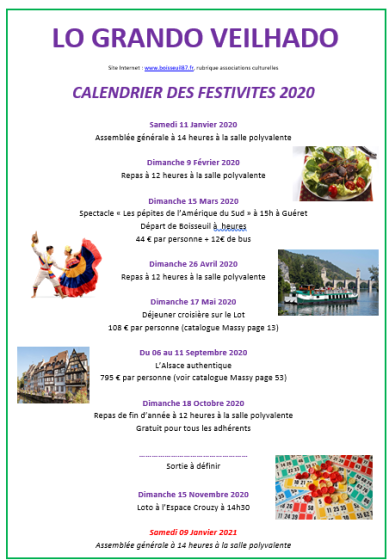 Calendrier 2020-Club des ainés