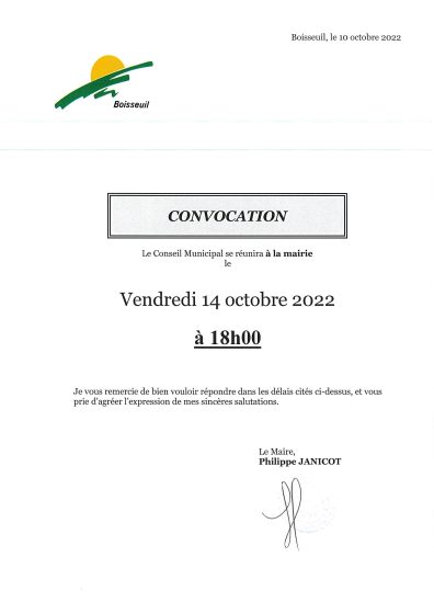 CONVOCATION CONSEIL MUNICIPAL 14 OCTOBRE