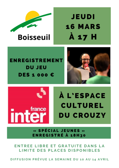 17 h le jeudi 16 mars : enregistrement du jeu des 1 000 €