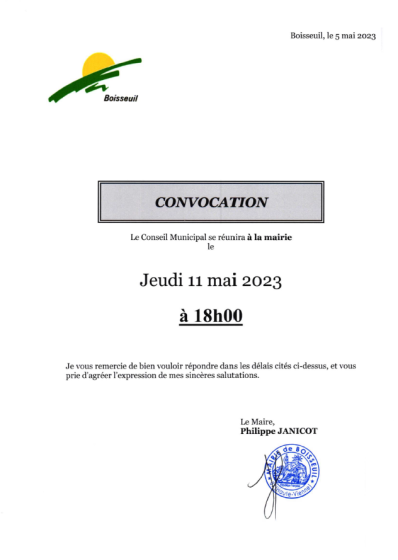 Convocation Conseil municipal : 11 mai