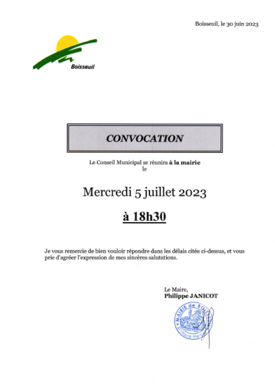 CONVOCATION CONSEIL MUNICIPAL : 5 juillet