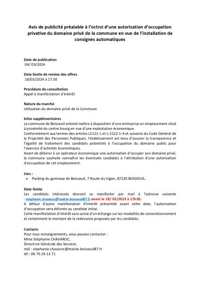 Appel à manifestation d&rsquo;intérêt : mise à disposition, par la commune, d&rsquo;un emplacement pour les entreprises (candidature du 04/03 au 18/03)